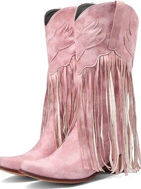 Women’s Fringe Cowboy Boots – Square Toe Mid Calf Embroidered Western Tassel Cow